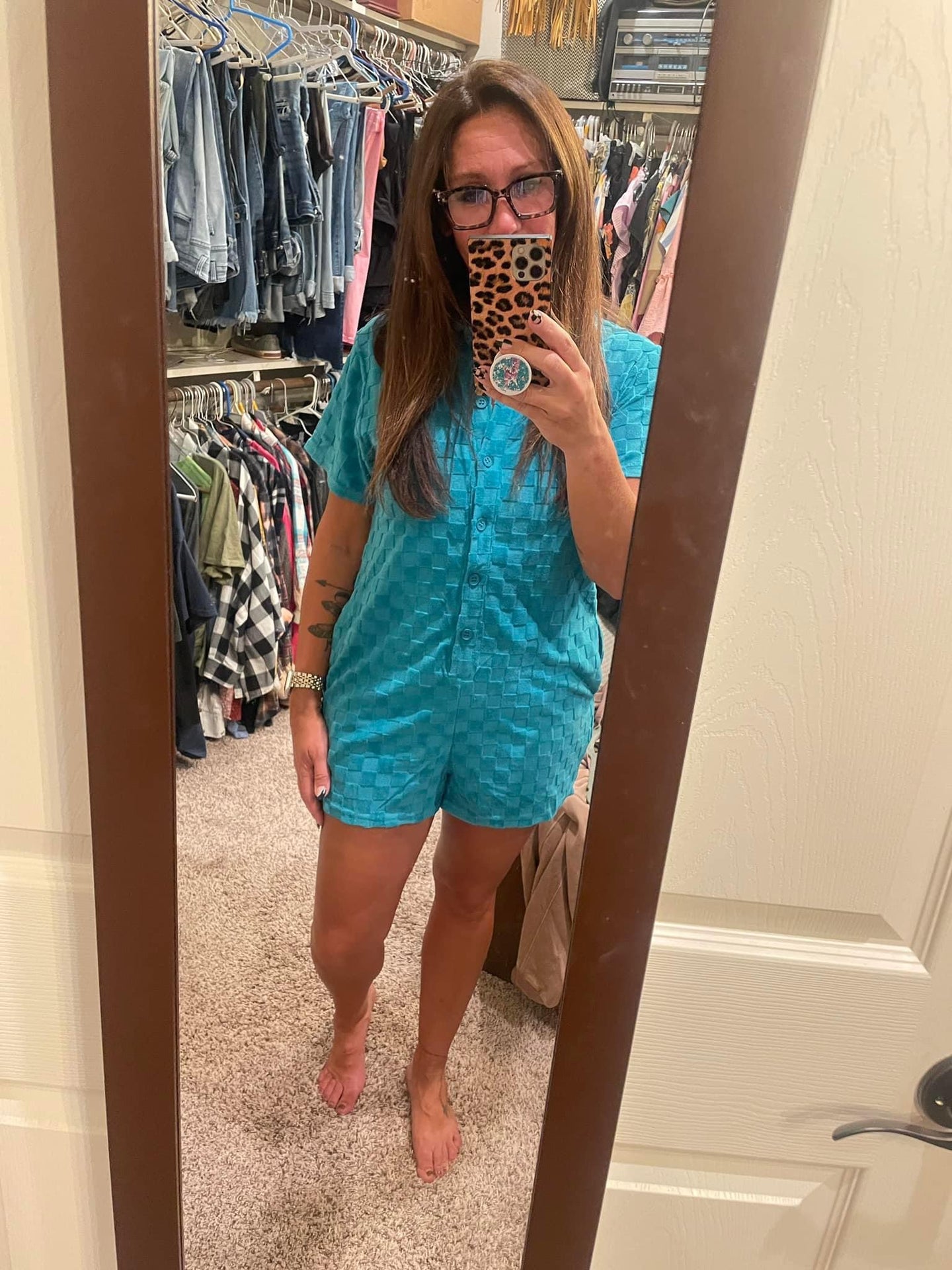 Turquoise Checkered Romper